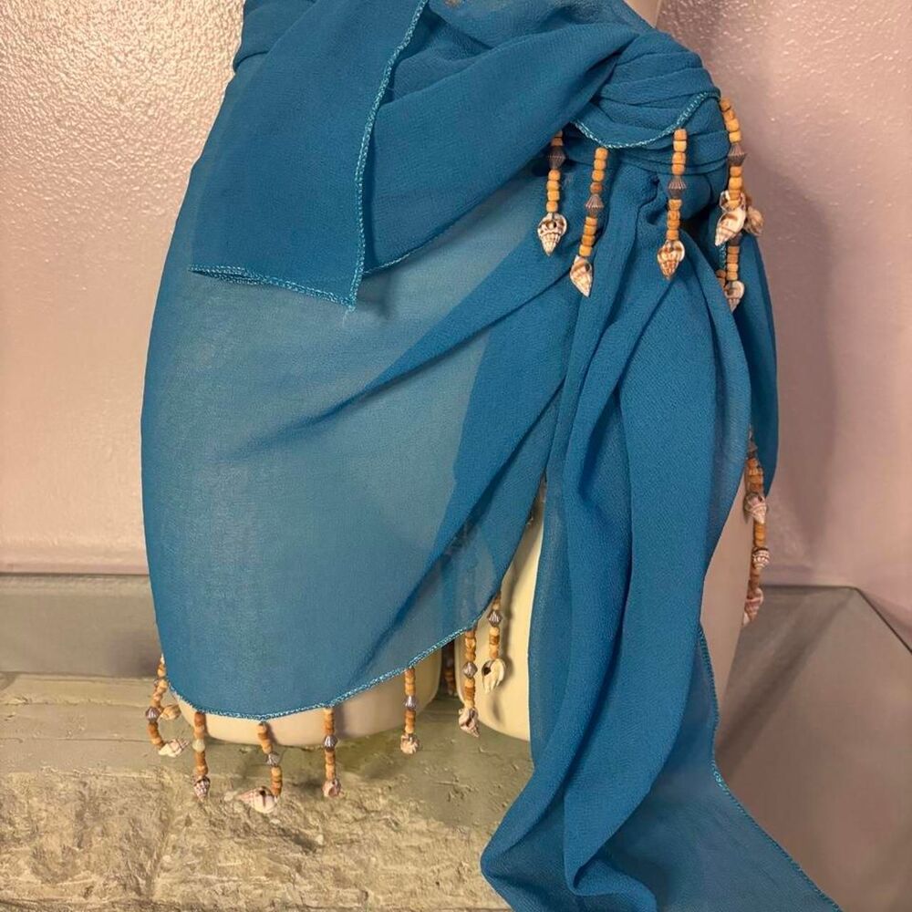 Vintage Y2K Royal Blue Sheer Shell Fringe Scarf / Shawl
